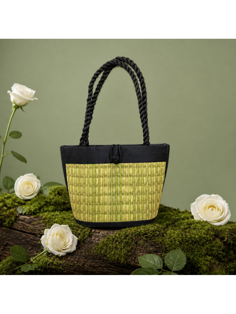 Cambodia Handbag Moss-Green Woven Tatami Grass Body&Black Braided Rope Handles
